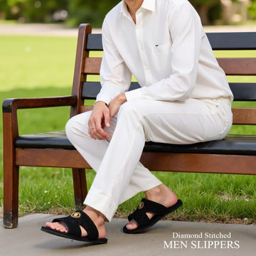 Italian Black Velvet Slipper with Golden Chain Lion Logo Diamond Stitched Broader Toe Strap