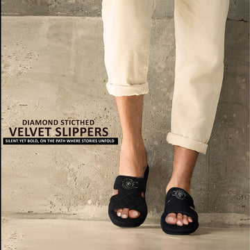 Italian Black Velvet Slipper with Diamond Stitched Broader Toe Strap