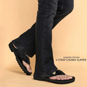 V-Strap Chunky Sole Slipper in Black Italian Velvet