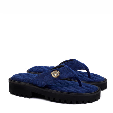 V-Strap Chunky Sole Slipper in Blue Italian Velvet