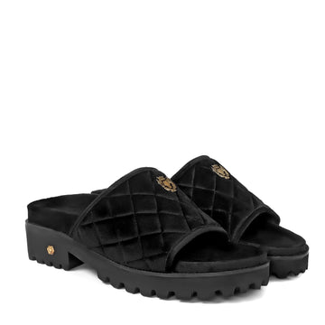 Black Velvet Diamond Stitched 3D Lion Logo Super Chunky Slippers