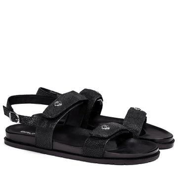 Black Exotic Stingray Multi-Strap Sandals with Signature 3D Lion Details