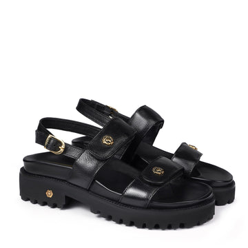 Black Milled Leather Double Strap Super Chunky Sandals