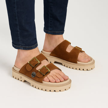 Beige with Tan Straps Super Chunky Sole Slide-in Slippers in Suede Leather