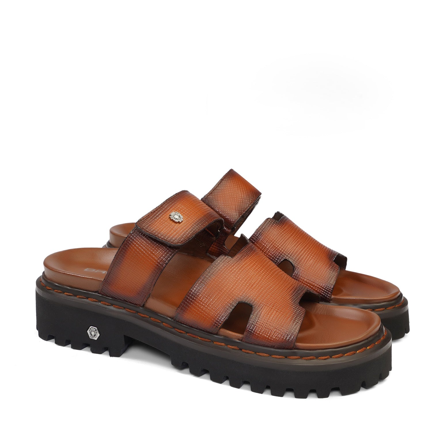 Tan Saffiano Thick Thread Stitching Leather Super Chunky Slide-in Slippers