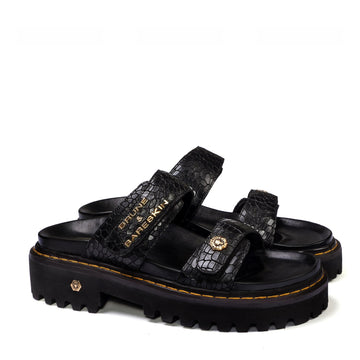 Black Deep Cut Croco Leather Chunky Sole Slippers in Adjustable Strap