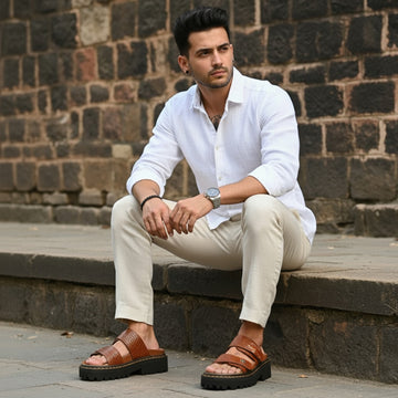 Tan Deep Cut Croco Leather Chunky Sole Slippers in Adjustable Strap