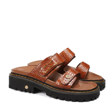 Tan Deep Cut Croco Leather Chunky Sole Slippers in Adjustable Strap
