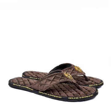 Dark Brown Velvet Slippers with 3D Lion Logo