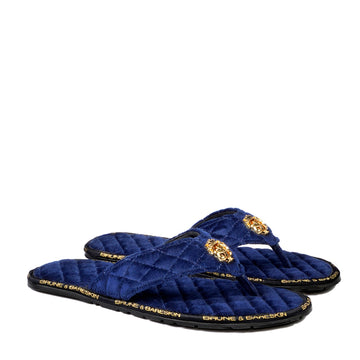Blue Velvet Slippers with 3D Lion Logo