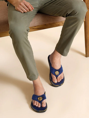 Blue Velvet Slippers with 3D Lion Logo