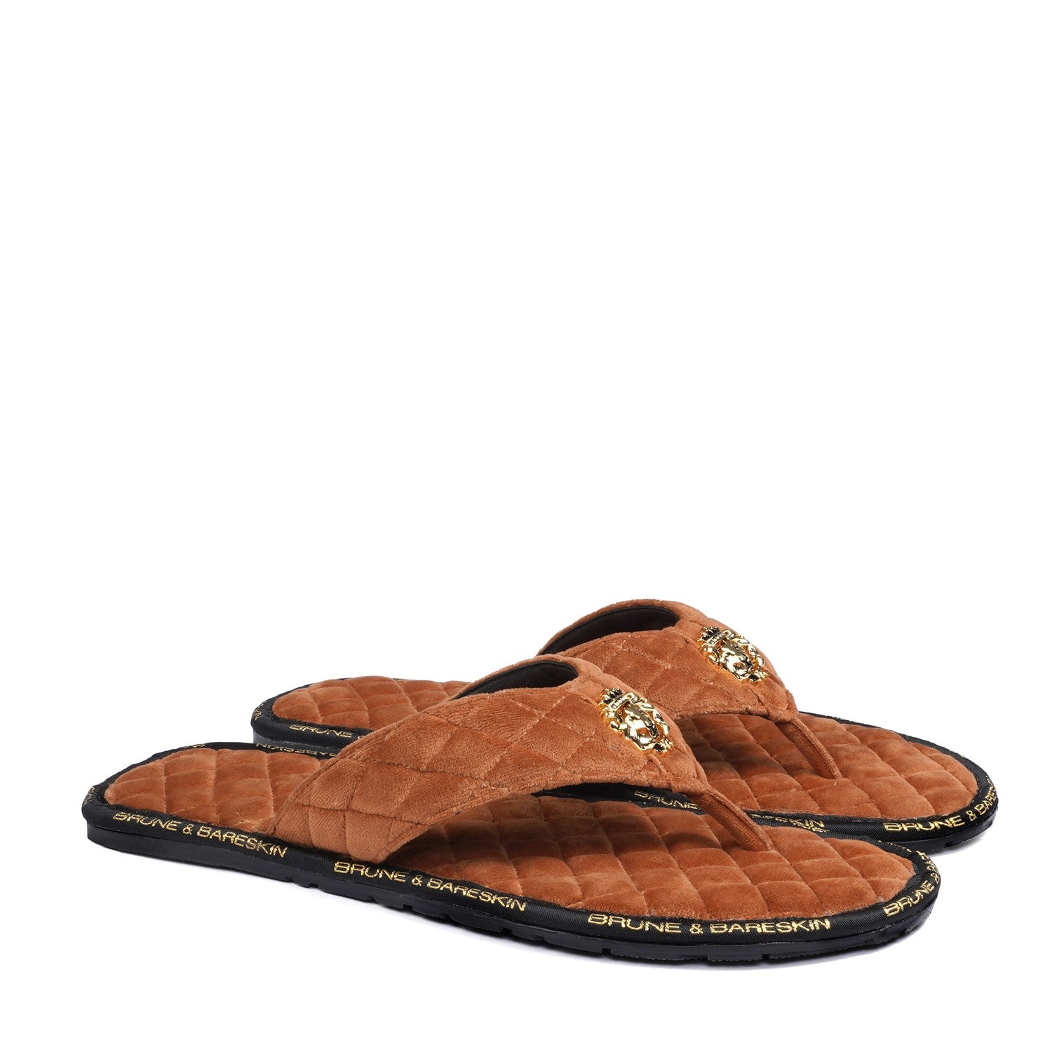 Tan Velvet Slippers with 3D Lion Logo