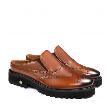 Tan Brogue Punching Light Weight Chunky Sole Mules