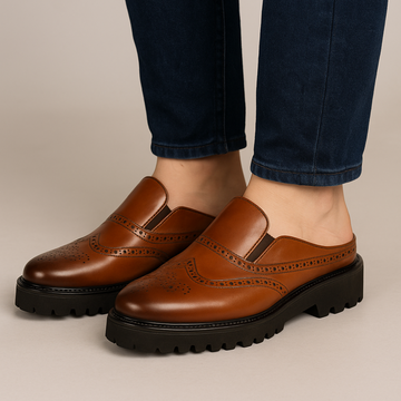 Tan Brogue Punching Light Weight Chunky Sole Mules