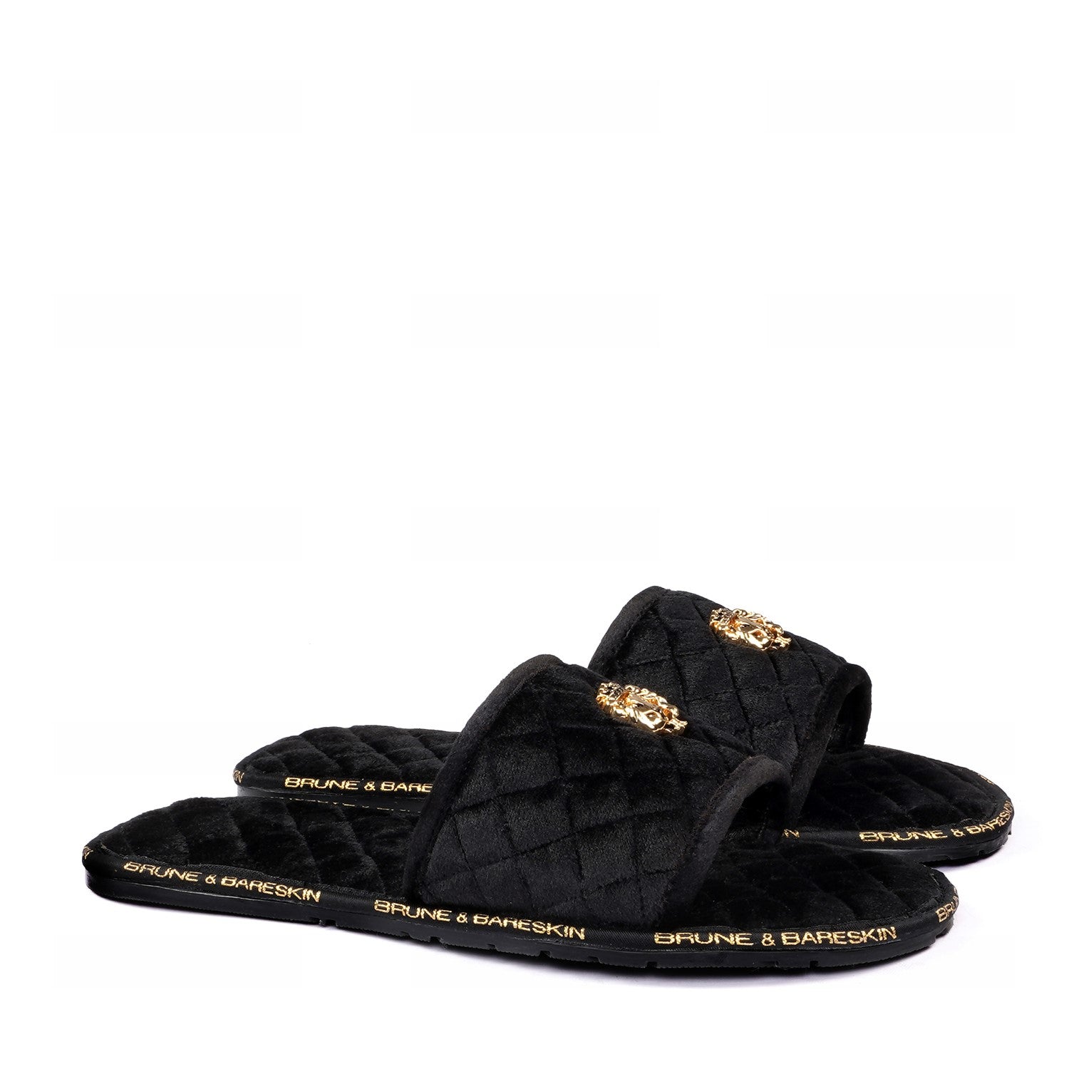 Black Velvet Slide in Slippers with 3D Lion Logo