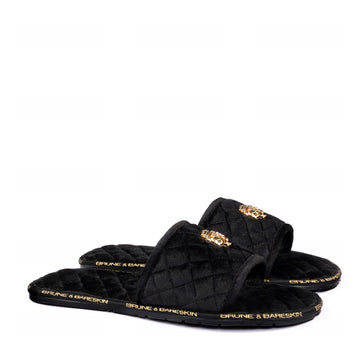 Black Velvet Slide in Slippers with 3D Lion Logo