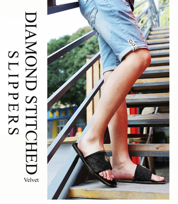 Black Velvet Slide in Slippers with 3D Lion Logo