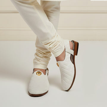 White Velvet Diamond Stitched 3D Lion Logo Peshawari Sandals