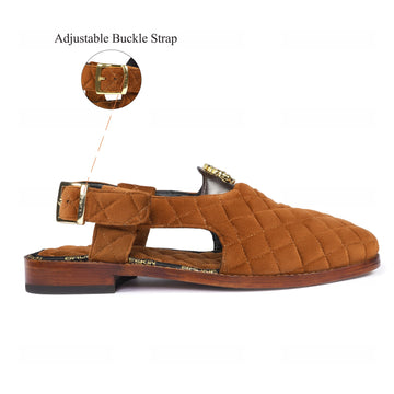Tan Velvet Diamond Stitched 3D Lion Logo Peshawari Sandals