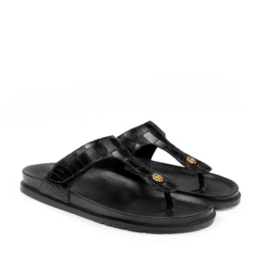 Midnight Black Croco Embossed Leather Sliders with 3D Lion Logo