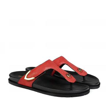Midnight Black & Red Exotic StingRay Leather Sliders with 3D Lion Logo