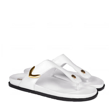 Midnight White Leather Sliders with 3D Lion Logo