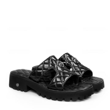 Luxury Black Quilted Slippers with 3D Metal Lion Logo