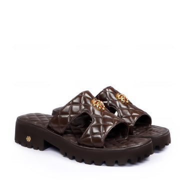 Luxury Dark Brown Quilted Slippers with 3DMetal Lion Logo