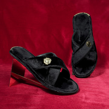 Black Cross Straps Comfy Velvet Slide-in Slippers By Brune & Bareskin