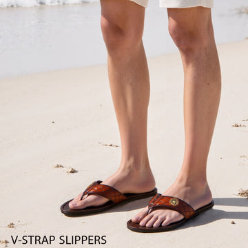 Quilted V-Strap Slippers with Padded Base in Tan Leather