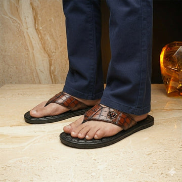 Cognac V- Strap Slide-in Slippers with Diamond Stitched Base in Deep Cut Leather