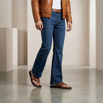Tan Contrasting V-Strap Leather Slippers