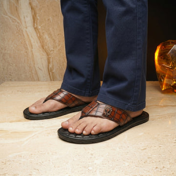 Cognac V- Strap Slide-in Slippers with Diamond Stitched Base in Deep Cut Leather