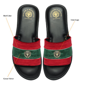 Red and Green Velvet Strap Black Leather Slide-in Slippers by BRUNE & BARESKIN
