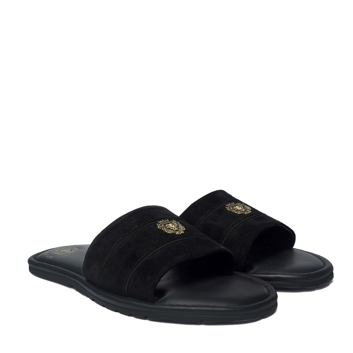Black Suede Strap Leather Slide-in Slippers by BRUNE & BARESKIN