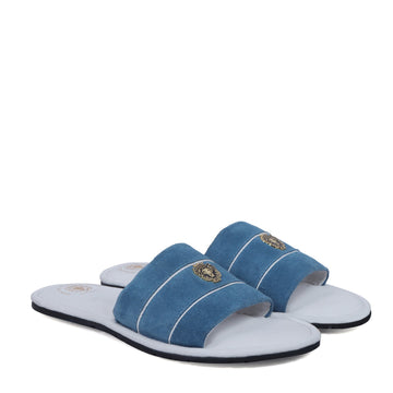 Blue Suede Strap White Leather Slide-in Slippers by BRUNE & BARESKIN