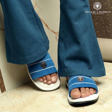 Blue Suede Strap White Leather Slide-in Slippers
