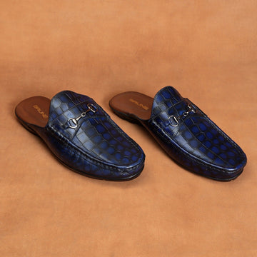 Men's Horse-Bit Mules Blue Smoky Croco Deep Cut Textured Leather