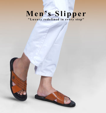 Cross Strapped Welted Tan Slide-in Slippers