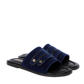 Welt Slide in Slippers with Blue Italian Velvet Two Strapped