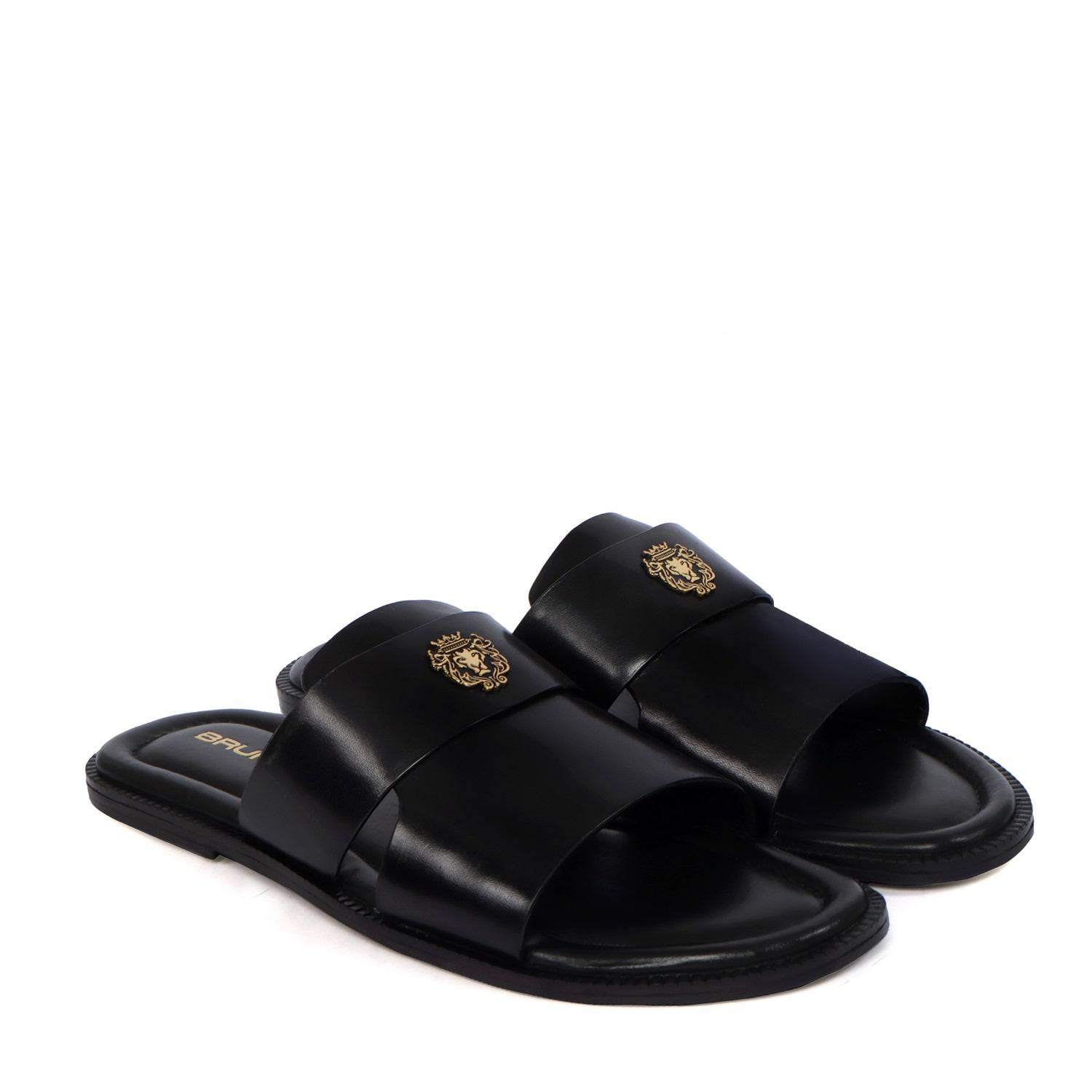 Welt Slippers with Broad Strapped Cut Out Detail Black Leather