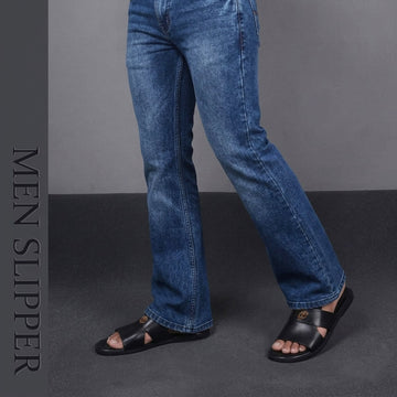 Welt Slippers with Broad Strapped Cut Out Detail Black Leather