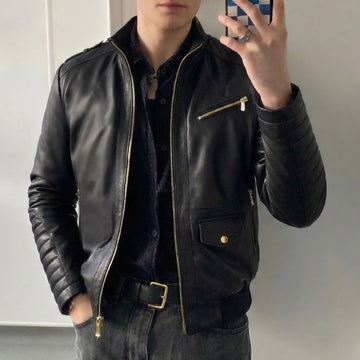 Black Biker Jacket with Gold-Tone Accessories