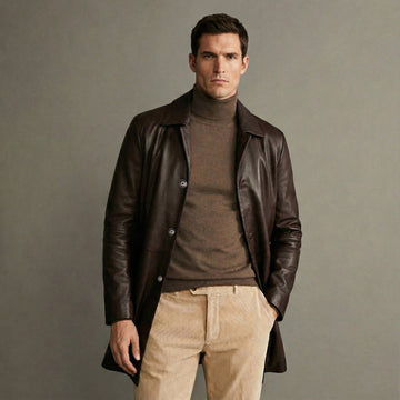 Premium Long Brown Leather Jacket with Shirt-Style Collar