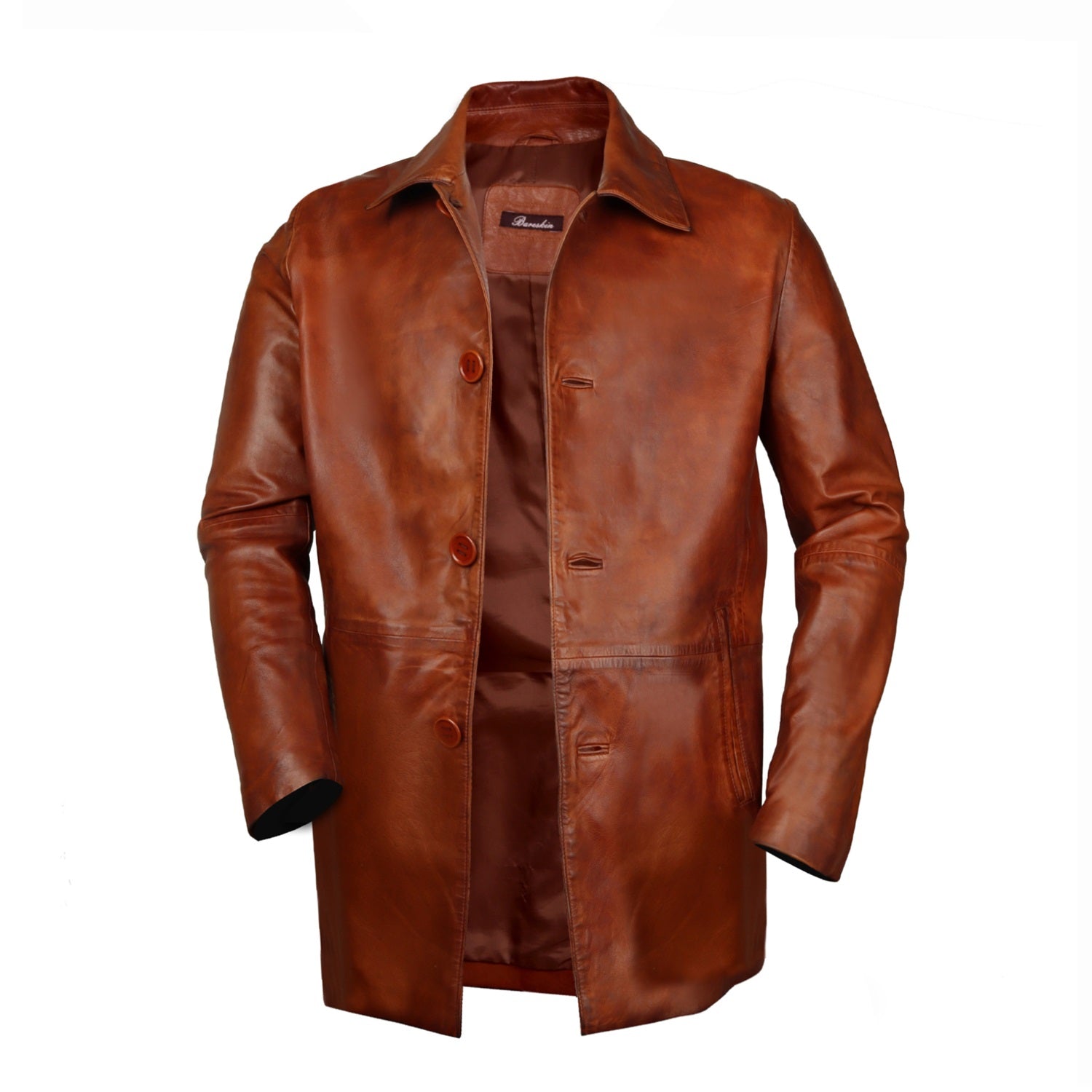 Long Shirt Style Collar Cognac Leather Jacket Coat With Button Closure