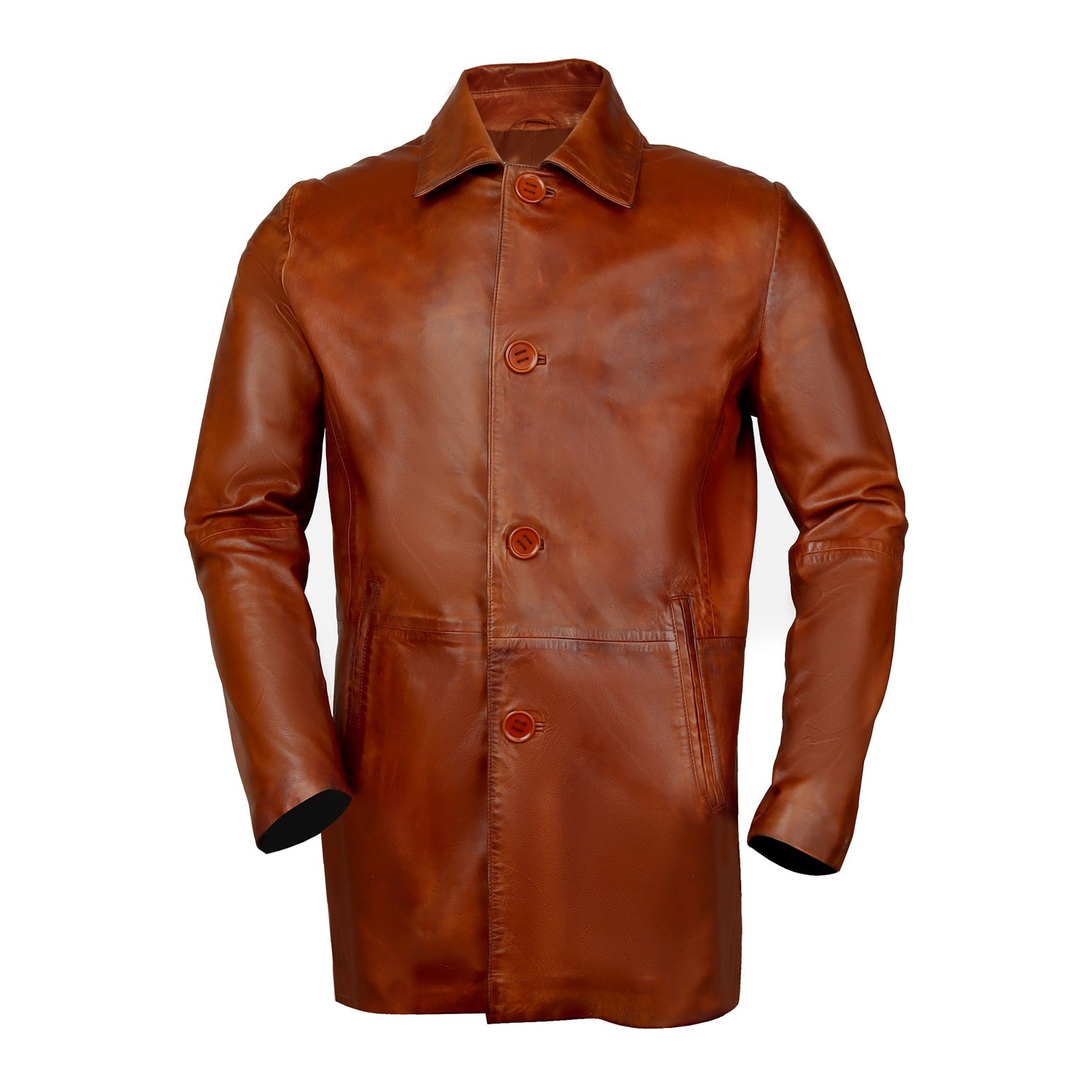 Long Shirt Style Collar Cognac Leather Jacket Coat With Button Closure By Brune & Bareskin
