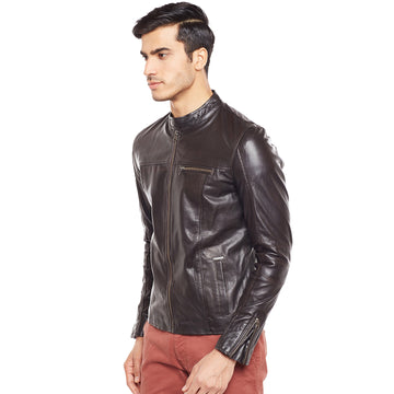Band Collar Brown Leather Jacket  with Front Zipper Pockets By Brune & Bareskin
