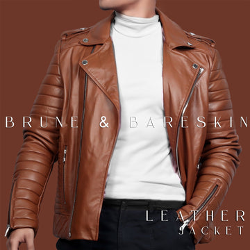Men's Trending Stylish And Comfortable Diamond Stitch Tan Leather Biker Jacket By Brune & Bareskin