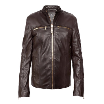 Classic Ban Neck Collar Dark Brown leather Jacket Front Zipper Pockets  By Brune & Bareskin