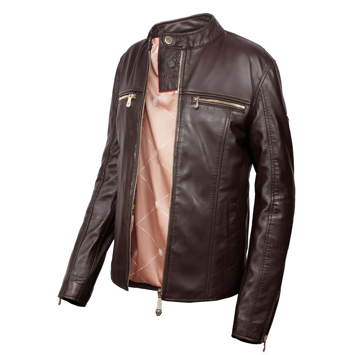 Classic Ban Neck Collar Dark Brown leather Jacket Front